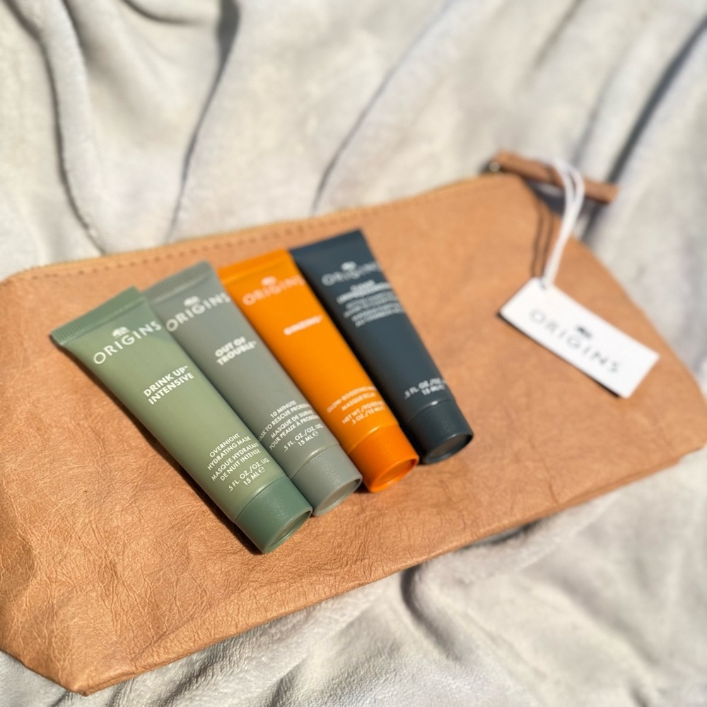 NEW Origins Skincare Collection with Tan Pouch Travel Kit 4 Samples